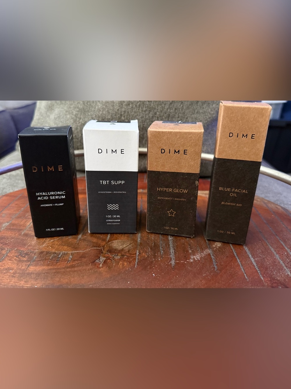 Dime 4 Piece Set TBT Serum, Hyaluronic Acid Serum, Hyper Glow, Blue Facial Oil